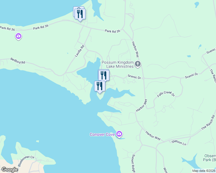 map of restaurants, bars, coffee shops, grocery stores, and more near 3412 Scenic Point Road in Graford