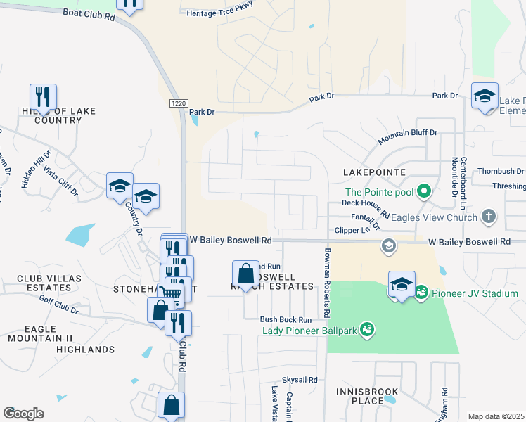 map of restaurants, bars, coffee shops, grocery stores, and more near 6250 West Bailey Boswell Road in Fort Worth
