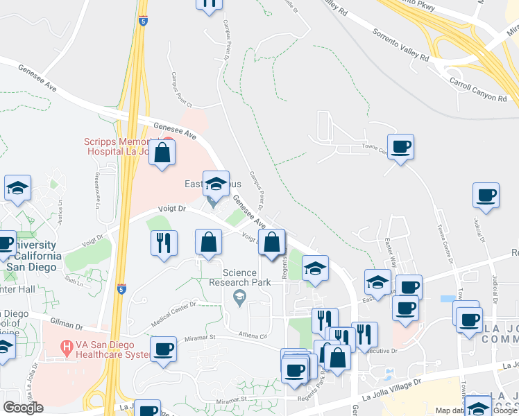 map of restaurants, bars, coffee shops, grocery stores, and more near 10198 Campus Point Drive in San Diego