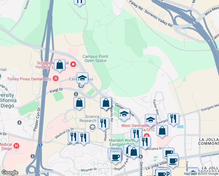 map of restaurants, bars, coffee shops, grocery stores, and more near 9831 Genesee Avenue in San Diego