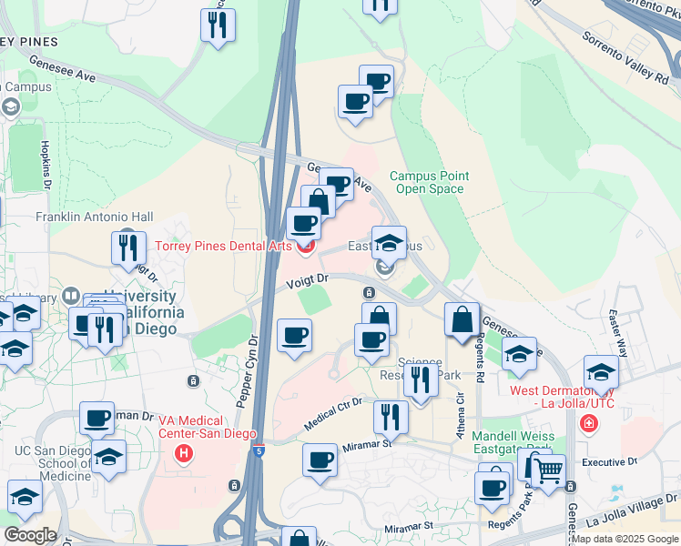 map of restaurants, bars, coffee shops, grocery stores, and more near 3660 Voigt Drive in San Diego