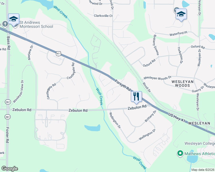 map of restaurants, bars, coffee shops, grocery stores, and more near 120 Windermere Circle in Macon