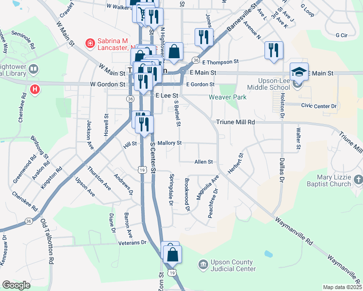 map of restaurants, bars, coffee shops, grocery stores, and more near 300 Mallory Street in Thomaston