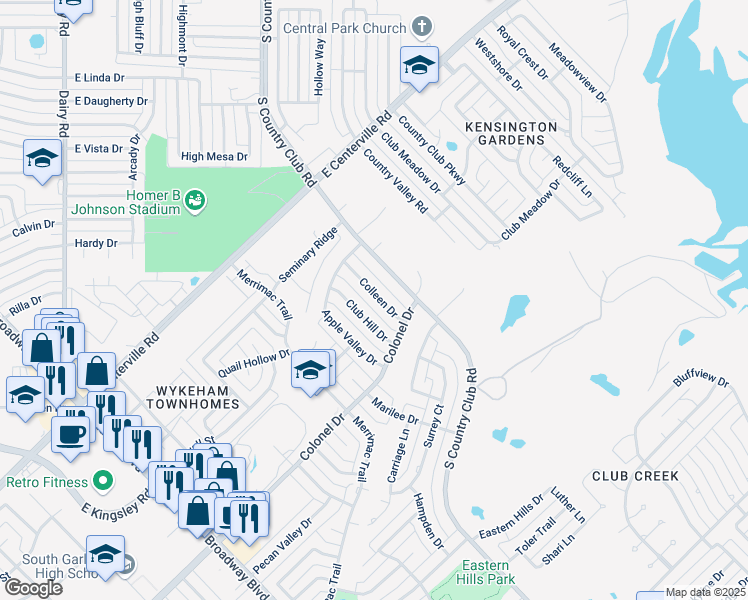 map of restaurants, bars, coffee shops, grocery stores, and more near 2822 Colleen Drive in Garland