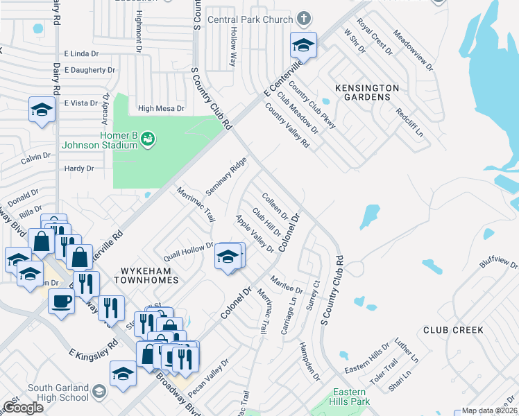 map of restaurants, bars, coffee shops, grocery stores, and more near 2822 Colleen Drive in Garland