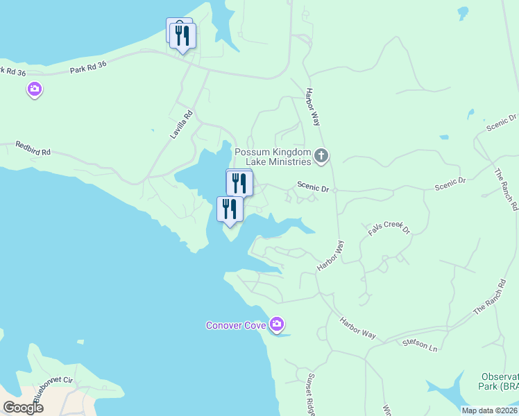 map of restaurants, bars, coffee shops, grocery stores, and more near 3412 Scenic Point Road in Graford