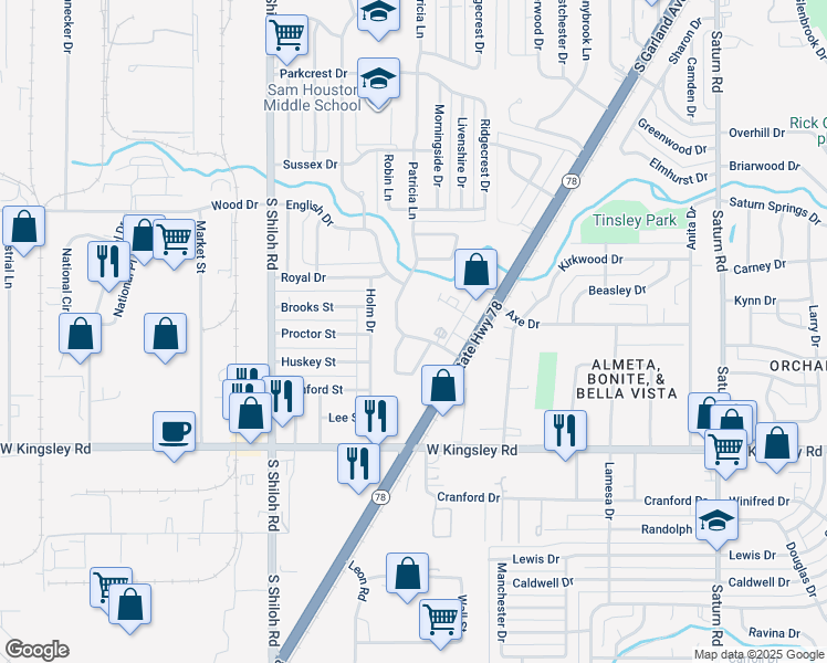 map of restaurants, bars, coffee shops, grocery stores, and more near 2804 Patricia Lane in Garland