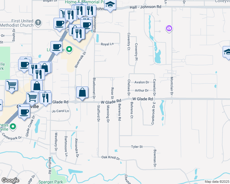 map of restaurants, bars, coffee shops, grocery stores, and more near 5013 Rose Street in Colleyville