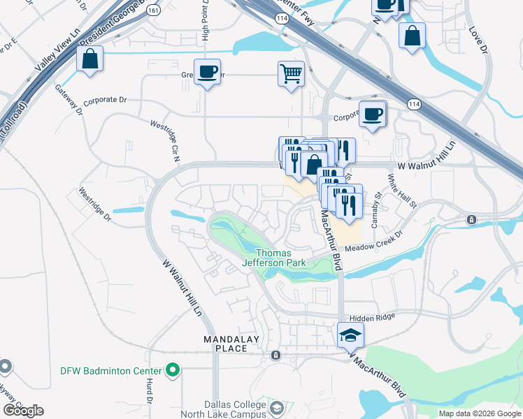 map of restaurants, bars, coffee shops, grocery stores, and more near 1201 Meadow Creek Drive in Irving