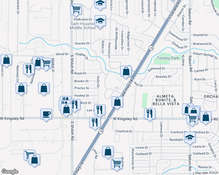 map of restaurants, bars, coffee shops, grocery stores, and more near 2804 Patricia Lane in Garland