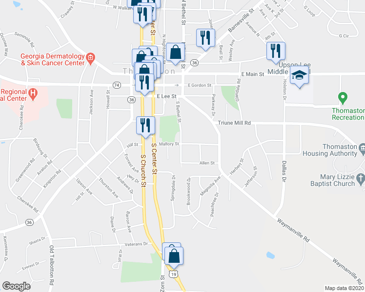 map of restaurants, bars, coffee shops, grocery stores, and more near 300 Mallory Street in Thomaston