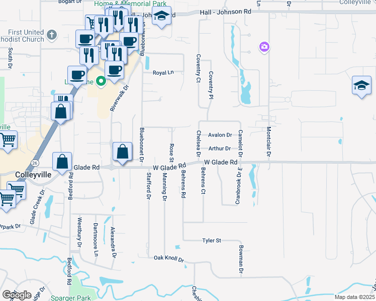map of restaurants, bars, coffee shops, grocery stores, and more near 5008 Chelsea Drive in Colleyville