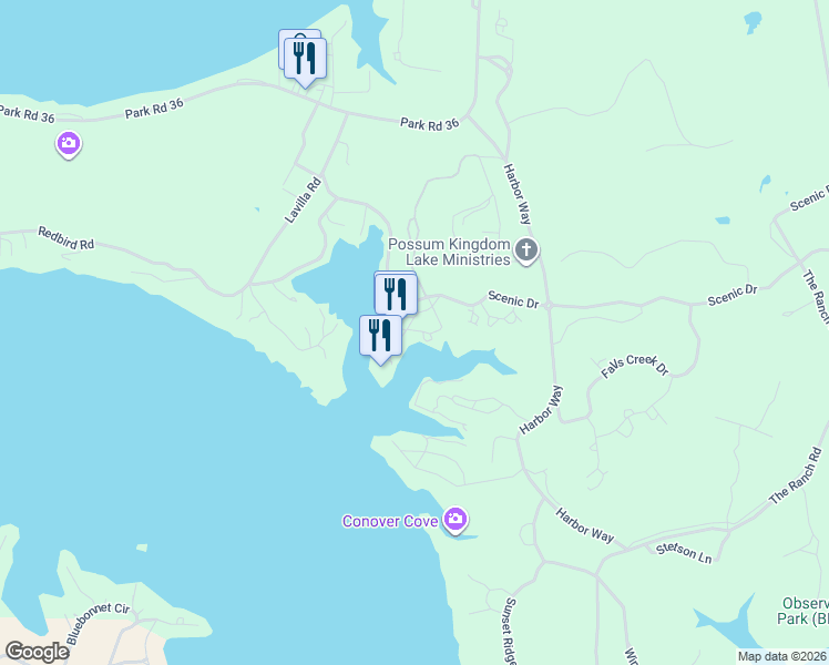 map of restaurants, bars, coffee shops, grocery stores, and more near 3412 Scenic Point Road in Graford