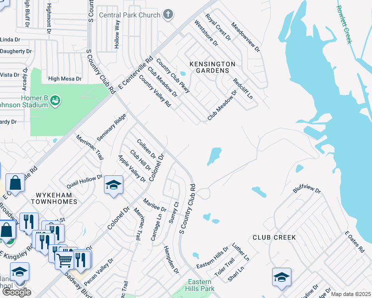 map of restaurants, bars, coffee shops, grocery stores, and more near 1615 Caddys Circle in Garland