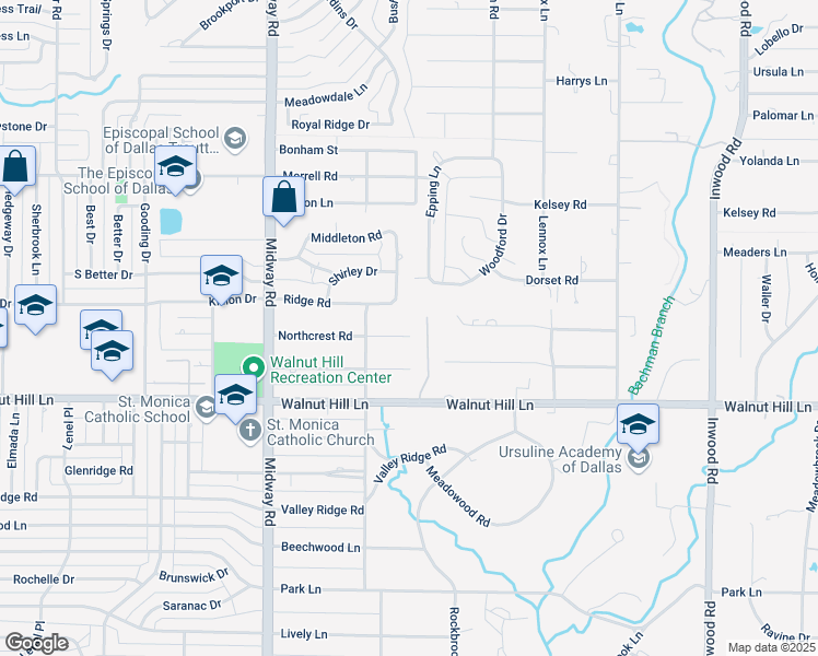 map of restaurants, bars, coffee shops, grocery stores, and more near 10027 Rock Hill Lane in Dallas