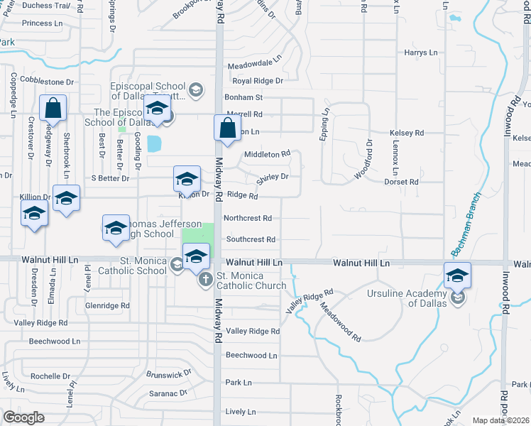 map of restaurants, bars, coffee shops, grocery stores, and more near 4323 Northcrest Road in Dallas