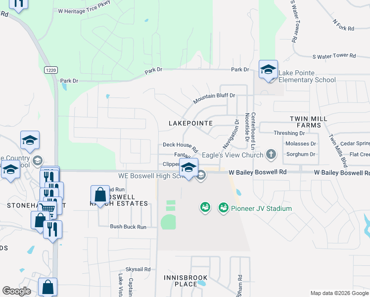 map of restaurants, bars, coffee shops, grocery stores, and more near 5928 Deck House Road in Fort Worth