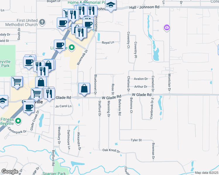 map of restaurants, bars, coffee shops, grocery stores, and more near 5013 Rose Street in Colleyville