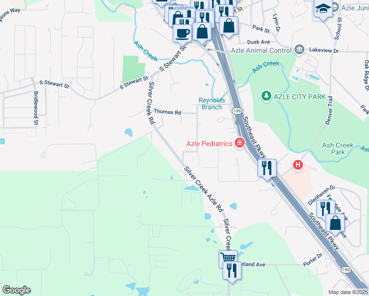 map of restaurants, bars, coffee shops, grocery stores, and more near 625 Silver Creek Road in Azle