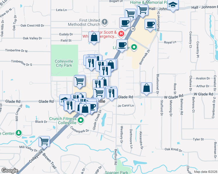 map of restaurants, bars, coffee shops, grocery stores, and more near 5016 Thompson Terrace in Colleyville