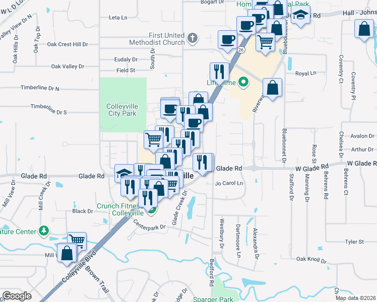 map of restaurants, bars, coffee shops, grocery stores, and more near 5017 Colleyville Boulevard in Colleyville