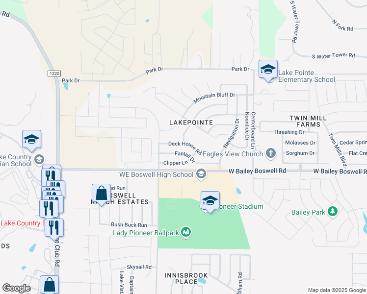 map of restaurants, bars, coffee shops, grocery stores, and more near 6001 Deck House Road in Fort Worth