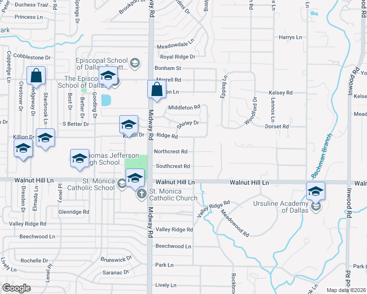 map of restaurants, bars, coffee shops, grocery stores, and more near 4323 Northcrest Road in Dallas