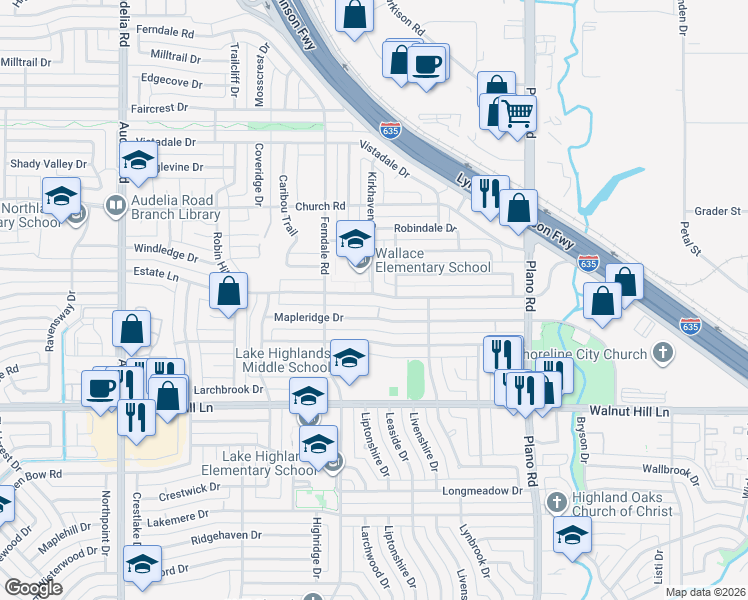 map of restaurants, bars, coffee shops, grocery stores, and more near 10323 Estate Lane in Dallas