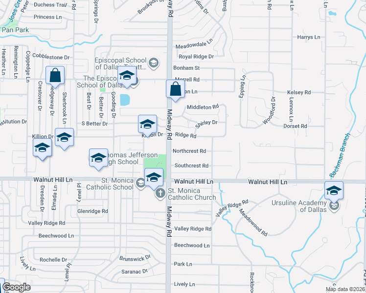 map of restaurants, bars, coffee shops, grocery stores, and more near 4235 Northcrest Road in Dallas