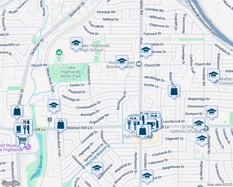 map of restaurants, bars, coffee shops, grocery stores, and more near 9628 Dartridge Drive in Dallas