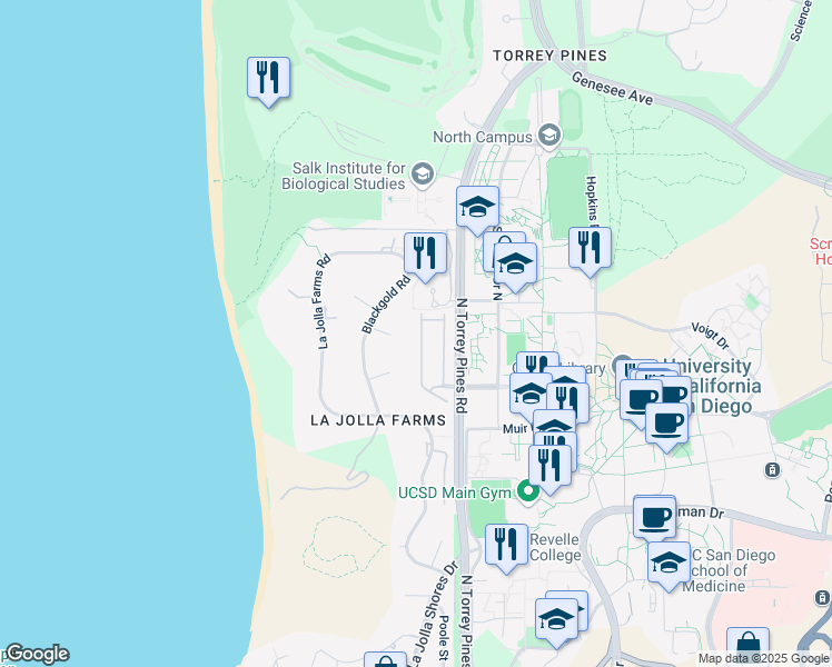 map of restaurants, bars, coffee shops, grocery stores, and more near 9768 Claiborne Square in San Diego