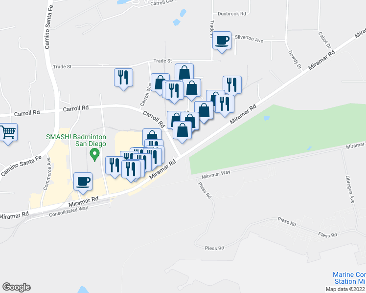 map of restaurants, bars, coffee shops, grocery stores, and more near 7310 Miramar Road in San Diego