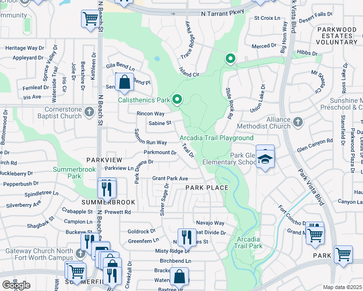 map of restaurants, bars, coffee shops, grocery stores, and more near 4844 Salmon Run Way in Fort Worth