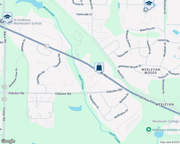 map of restaurants, bars, coffee shops, grocery stores, and more near 5082 Forsyth Road in Macon