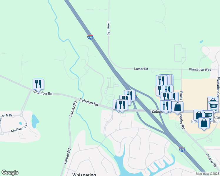 map of restaurants, bars, coffee shops, grocery stores, and more near 6435 Zebulon Road in Macon