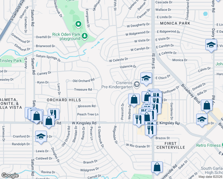map of restaurants, bars, coffee shops, grocery stores, and more near 2718 South Glenbrook Drive in Garland