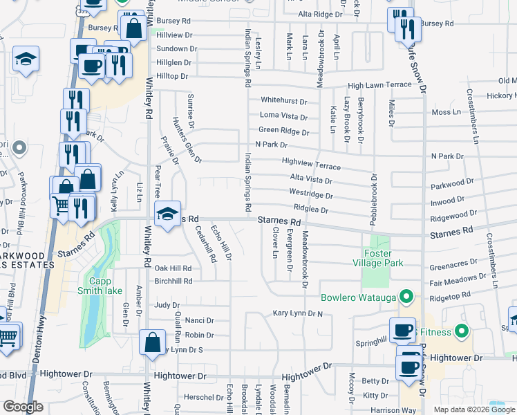 map of restaurants, bars, coffee shops, grocery stores, and more near 6412 Ridglea Drive in Watauga
