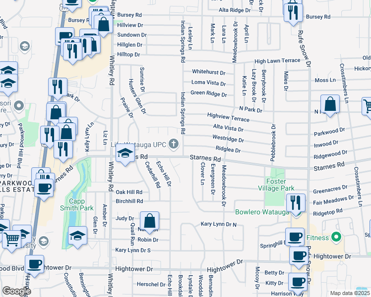 map of restaurants, bars, coffee shops, grocery stores, and more near 6412 Ridglea Drive in Watauga