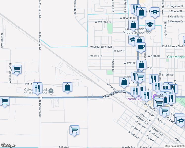 map of restaurants, bars, coffee shops, grocery stores, and more near 635 North Schultz Street in Casa Grande