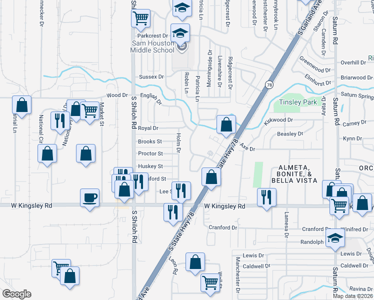 map of restaurants, bars, coffee shops, grocery stores, and more near 2609 Holm Drive in Garland