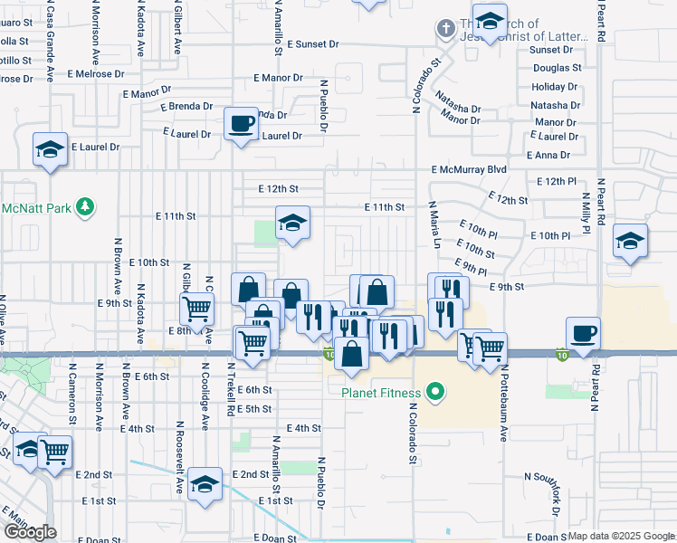 map of restaurants, bars, coffee shops, grocery stores, and more near 1214 East 9th Street in Casa Grande