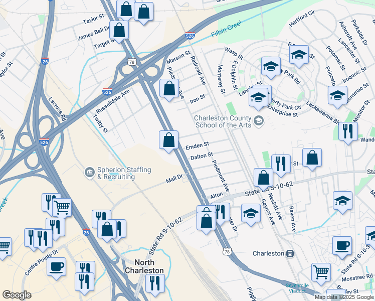map of restaurants, bars, coffee shops, grocery stores, and more near 2025 Emden Street in North Charleston
