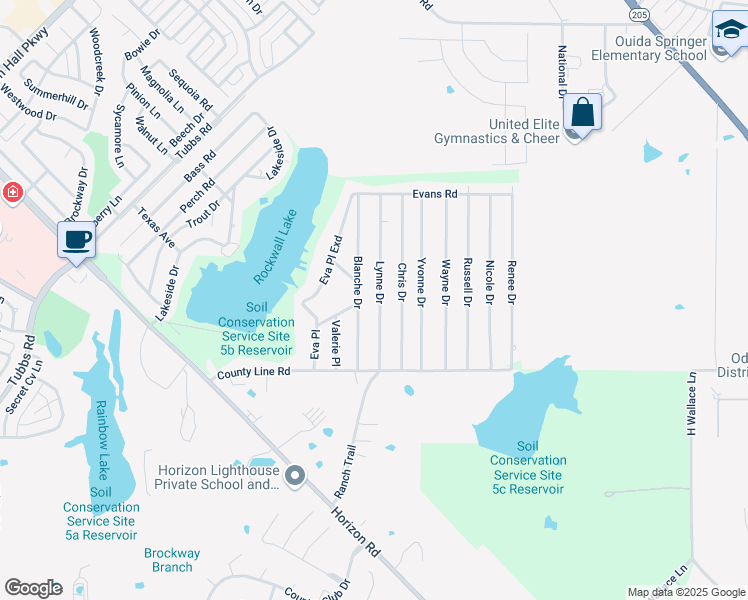 map of restaurants, bars, coffee shops, grocery stores, and more near 302 Lynne Drive in Rockwall