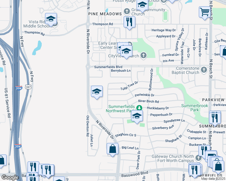 map of restaurants, bars, coffee shops, grocery stores, and more near 3712 Tulip Tree Drive in Fort Worth