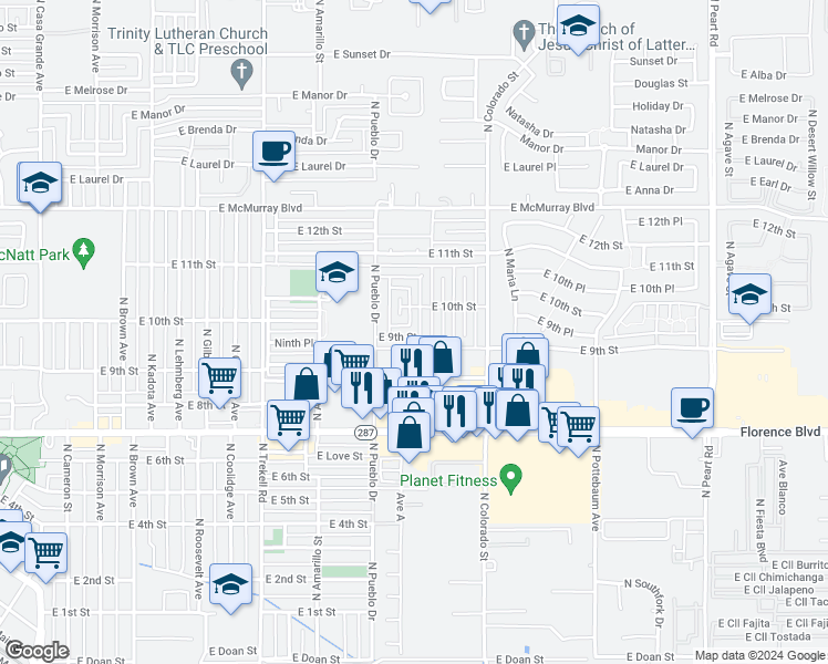 map of restaurants, bars, coffee shops, grocery stores, and more near 1232 East 9th Street in Casa Grande