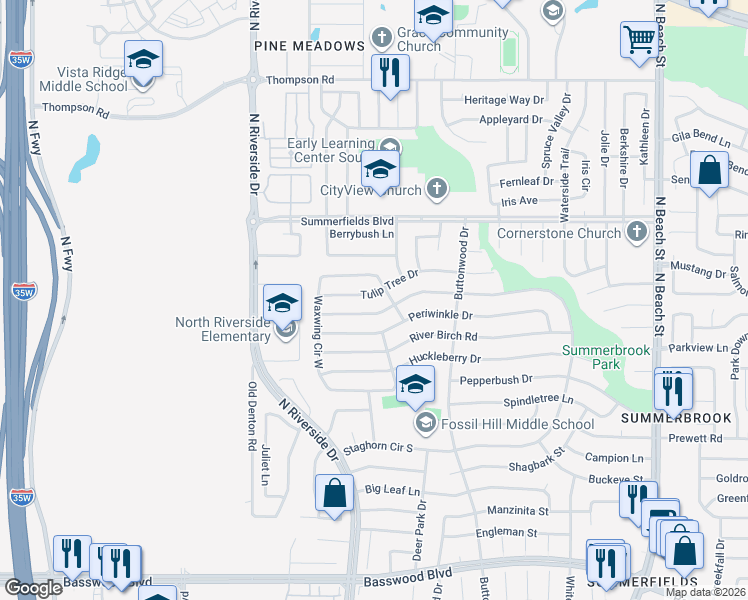 map of restaurants, bars, coffee shops, grocery stores, and more near 3812 Tulip Tree Drive in Fort Worth