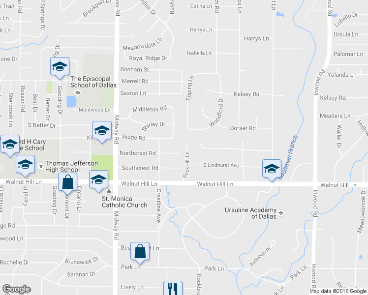 map of restaurants, bars, coffee shops, grocery stores, and more near 10027 Rock Hill Lane in Dallas
