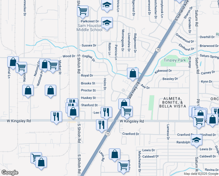map of restaurants, bars, coffee shops, grocery stores, and more near 2609 Holm Drive in Garland
