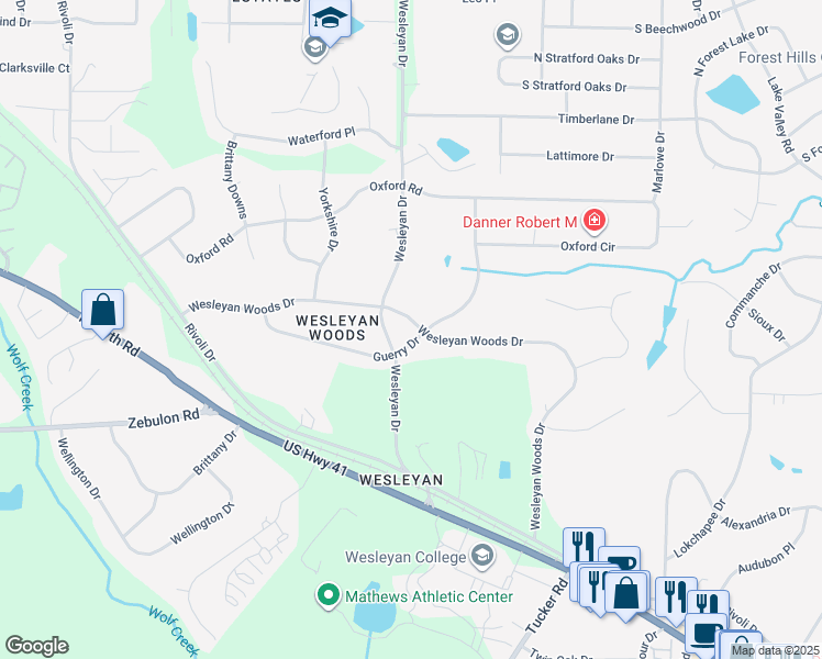 map of restaurants, bars, coffee shops, grocery stores, and more near 4870 Wesleyan Woods Drive in Macon