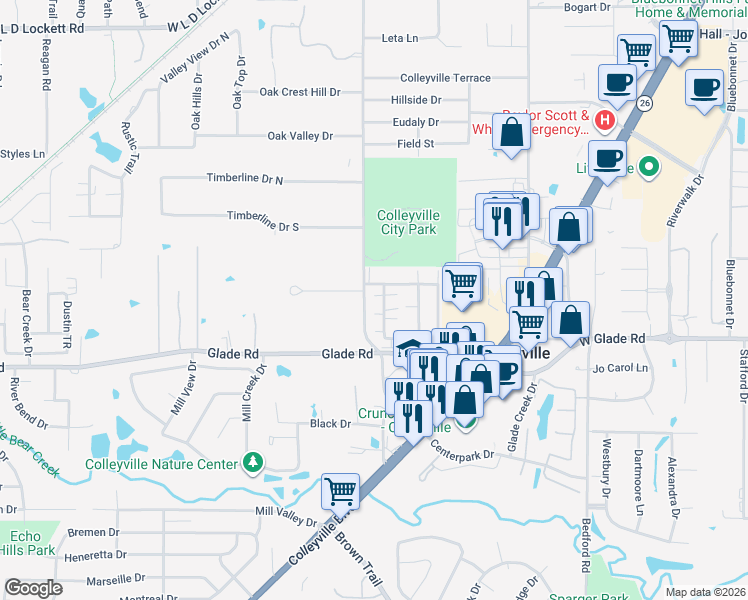 map of restaurants, bars, coffee shops, grocery stores, and more near 1812 Maplewood Trail in Colleyville